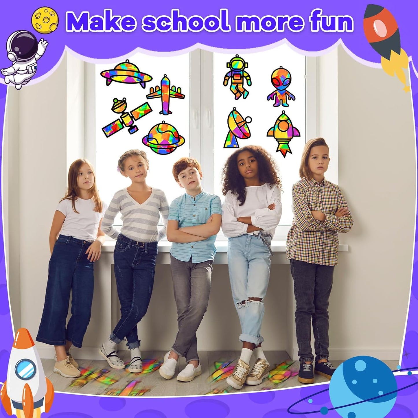 32 Sets Outer Space Suncatchers Craft Kit DIY Window Stained Glass Effect Planet Astronaut Alien Paper Crafts Home School Classroom Decoration Kid Birthday Gift Creative Art Project Activity Game - Colors A