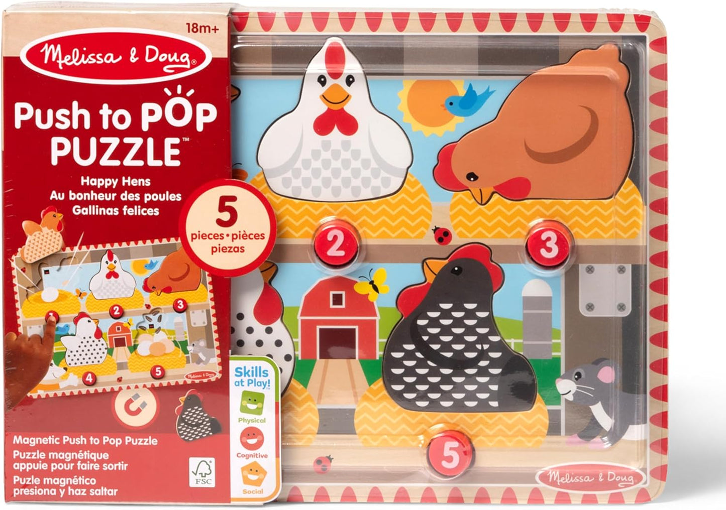 Melissa & Doug Happy Hens Push to Pop Wooden Puzzle, Montessori-Inspired Toddler Puzzles with Magnetic Pieces and Colorful Puzzle Board, Preschool Toys for Girls & Boys Ages 18 months+ - FSC Certified