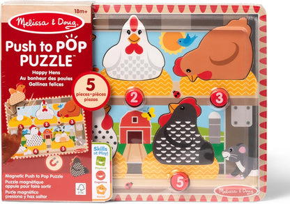 Melissa & Doug Happy Hens Push to Pop Wooden Puzzle, Montessori-Inspired Toddler Puzzles with Magnetic Pieces and Colorful Puzzle Board, Preschool Toys for Girls & Boys Ages 18 months+ - FSC Certified