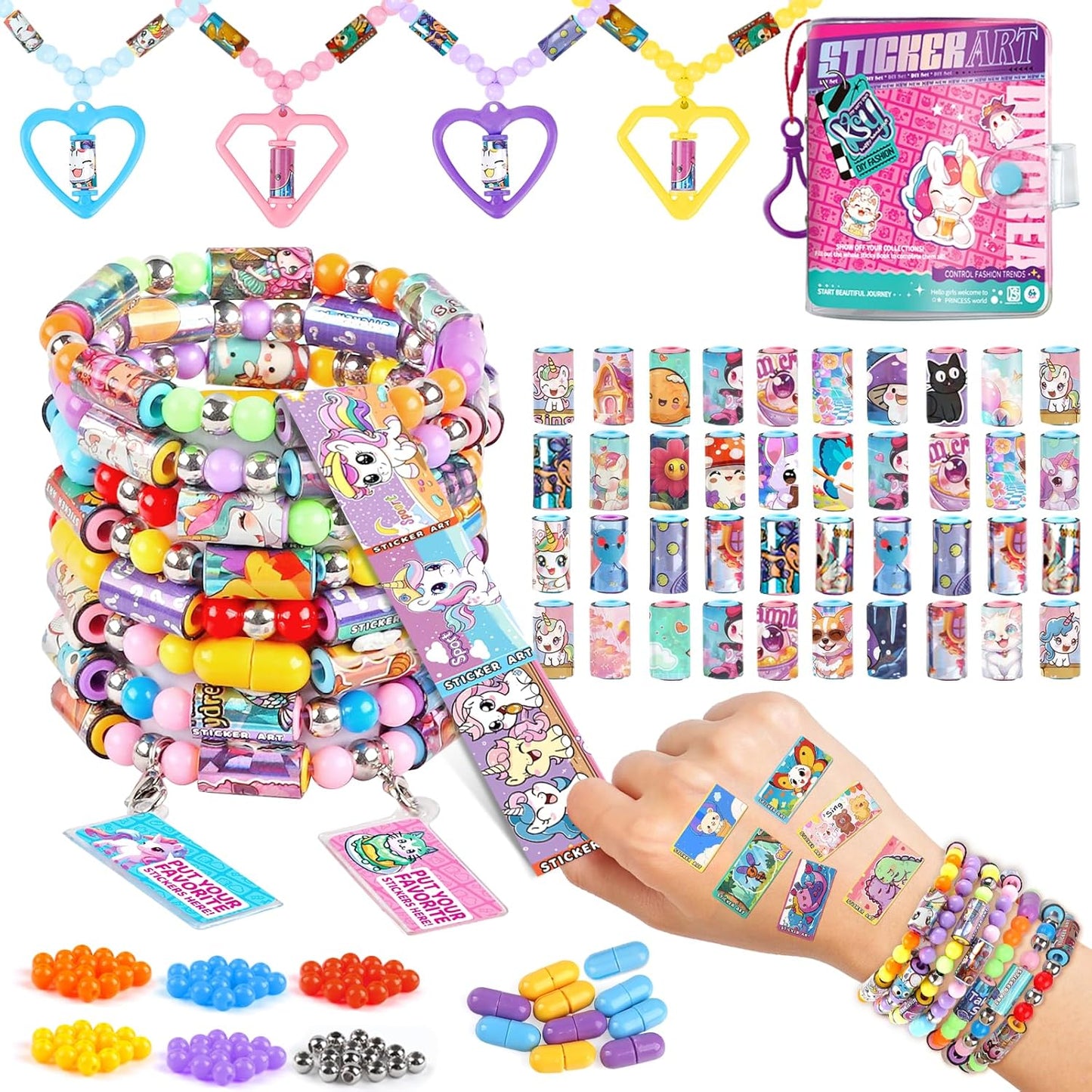 Plunack DIY Sticker Jewelry Making Kits Bracelets for Kids, Stickers Set, Includes Beads & Charms & Pendants, 320Pcs Mini Holographic Stickers, Bracelet Making Kit for Girls 6-12 Birthday Gift