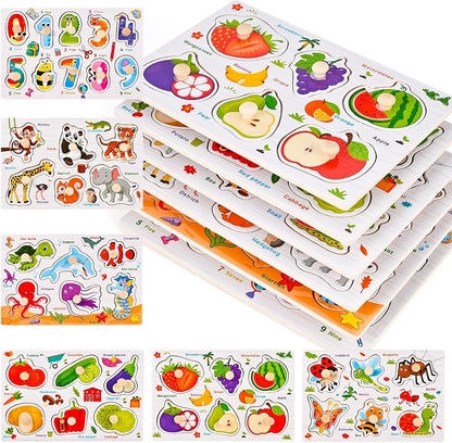 Wooden Peg Puzzles for Toddlers 3 4 5 Years Old, 6 PCS Toddler Puzzles (Vegetables, Numbers, Fruits, Insects, Sea and Animals), Great Preschool Learning Puzzle Toys for Girls and Boys