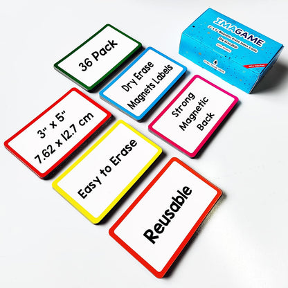 IMAGAME Dry Erase Magnets, Blank Magnetic Dry Erase Labels, 36-Pack, Erasable Magnets for Whiteboard, Multipurpose White Magnetic Labels to Write On for Classroom, Home, Education, Office, 3" x 5"