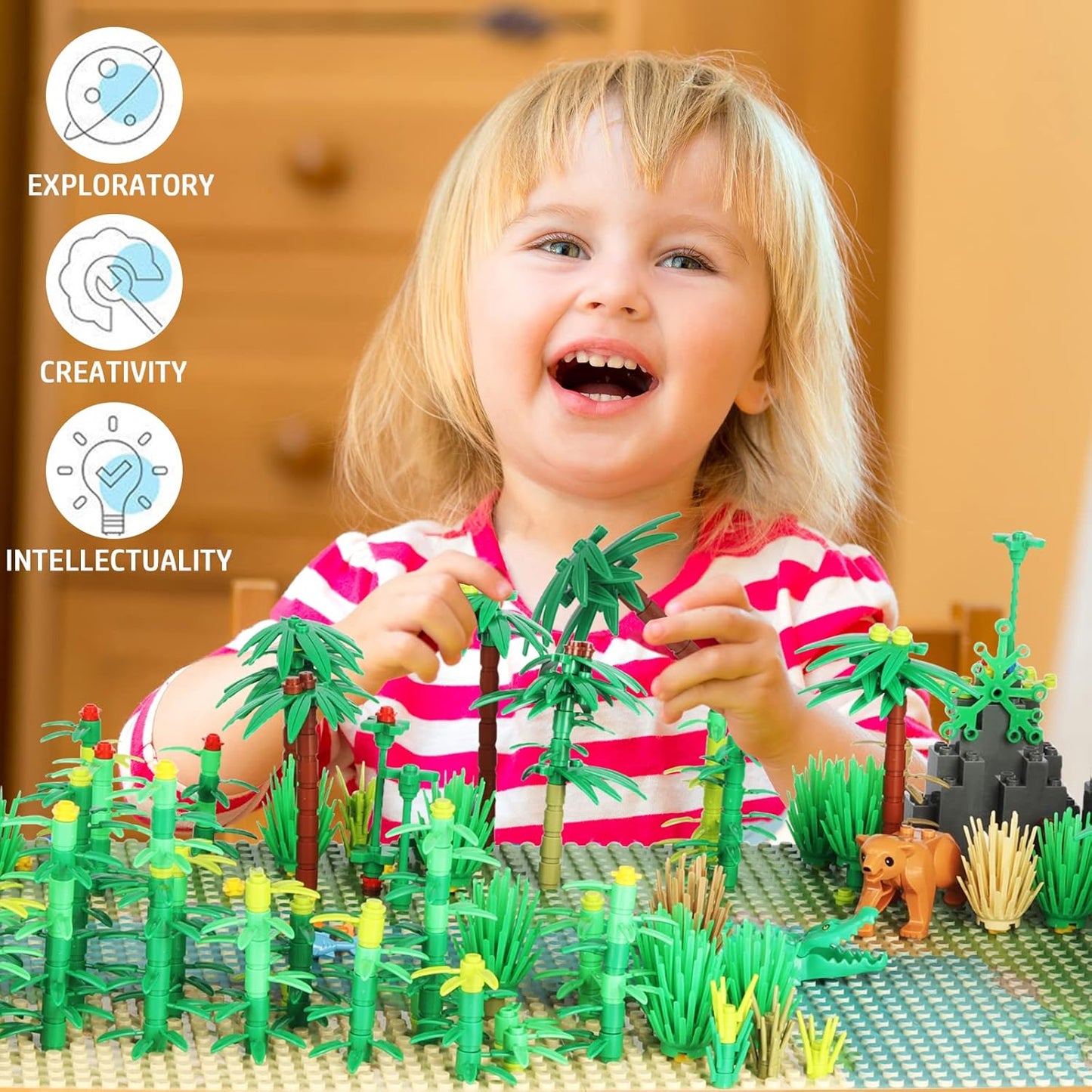 Jungle Trees Building Bricks with 2 Base Plates (10 x 10 inch),Rainforest Plants Flowers Bushes Animals Kit, Botanical Parts Scenery Toys for Kids and Adults