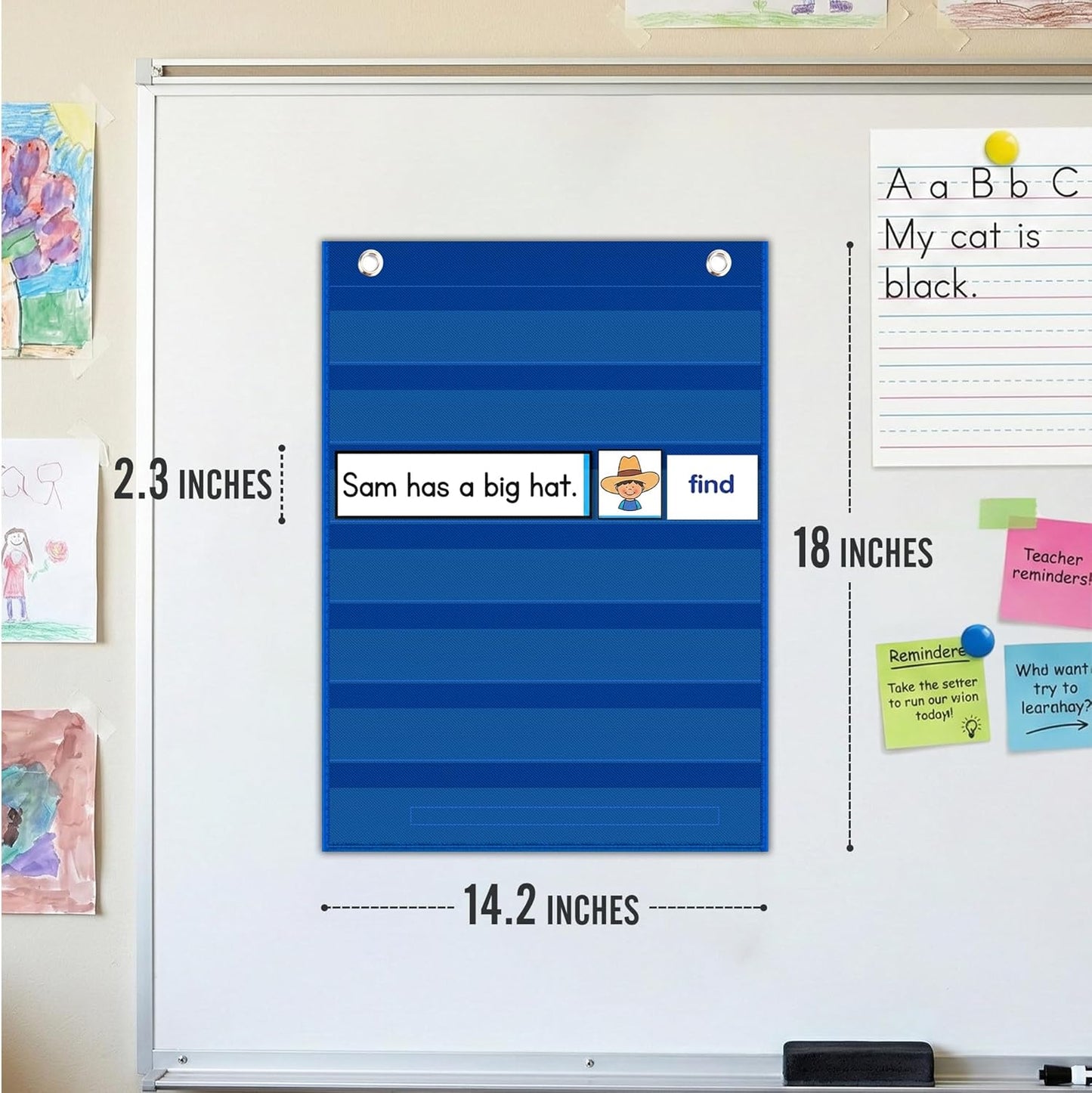 Magnetic Pocket Chart for Classroom - Small 7 Pocket Chart for Word Wall Daily Schedule Sentence Strips Sticker Display, Black Teacher Supplies for Preschool Elementary & Home