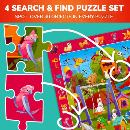 QUOKKA Puzzles for Kids Ages 4-6 - Toddler Puzzles Ages 3-5 - 4-Pack 60 Piece Search and Find Animals Jigsaw Puzzle 6-8 - Learning Toys for 3 Year Old Boys and Girls - Educational Games Gift