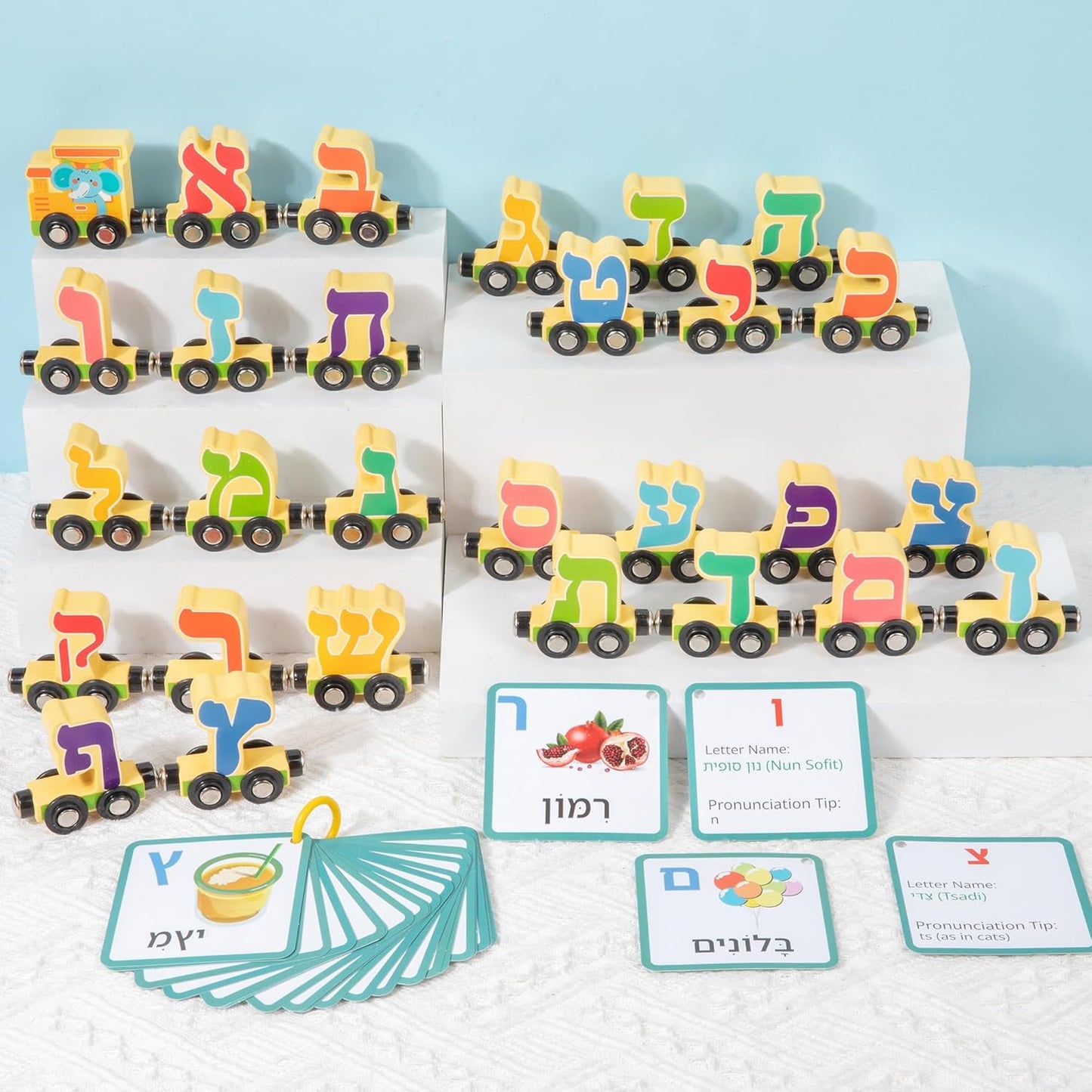 Hebrew Alphabet Train for Kids – Wooden Magnetic Alef-Bet Train Cars with Flash Cards – Learn Hebrew Letters Through Hands-On Play