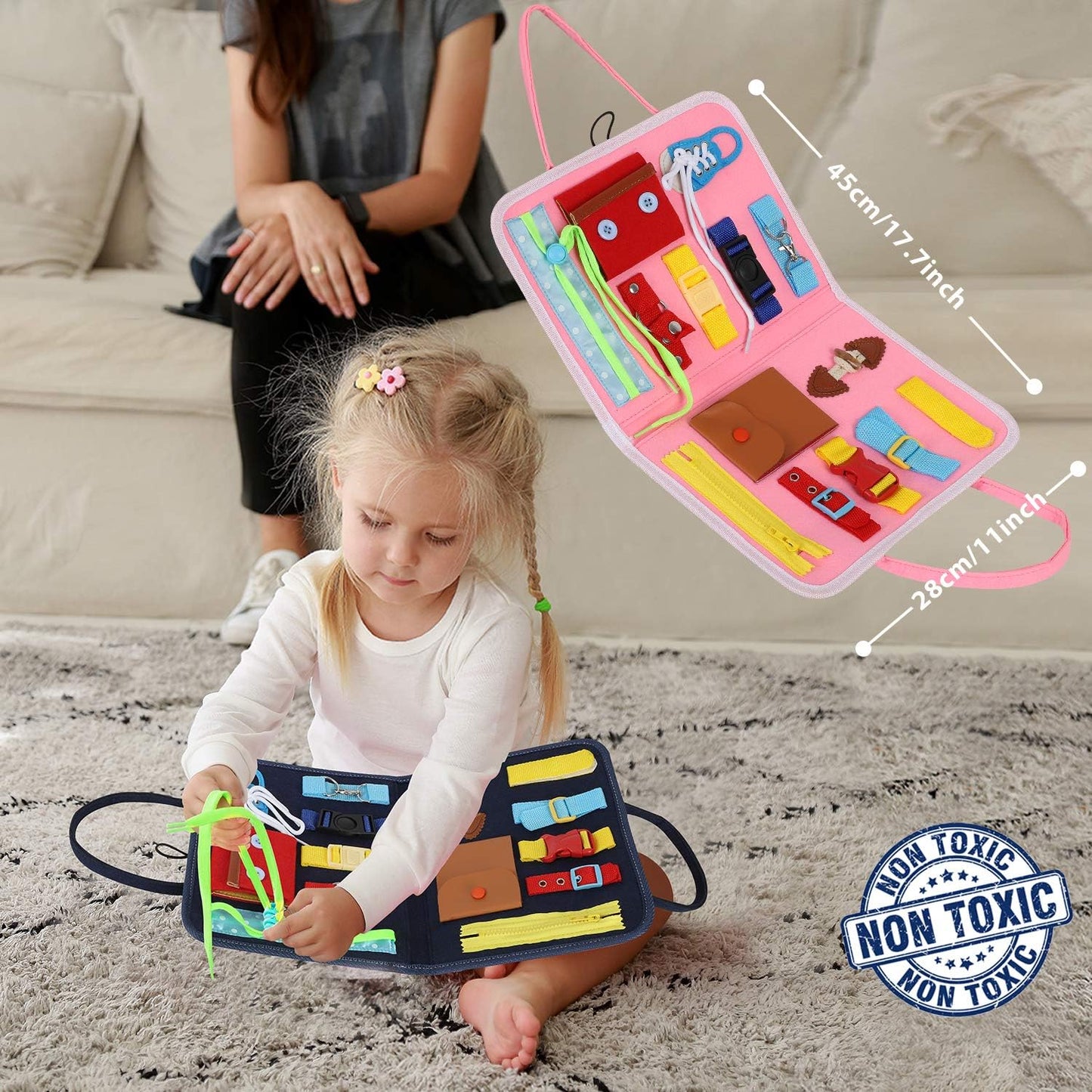 Esjay Toddler Busy Board Montessori Toys for Boys Girls, Sensory Book Educational Activities for Learning Fine Motor Skills, Birthday Gifts for Toddlers, Travel Toys for Airplane Car, White Dinosaur