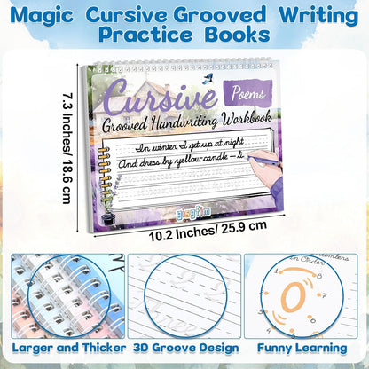 gisgfim 4 Pack Grooved Cursive Handwriting Workbook Kit Magic Reusable Grooved Handwriting Practice with Disappearing Ink Pens Cursive Workbook for Kids Number Poems Jokes & Riddles Inspiring Quotes