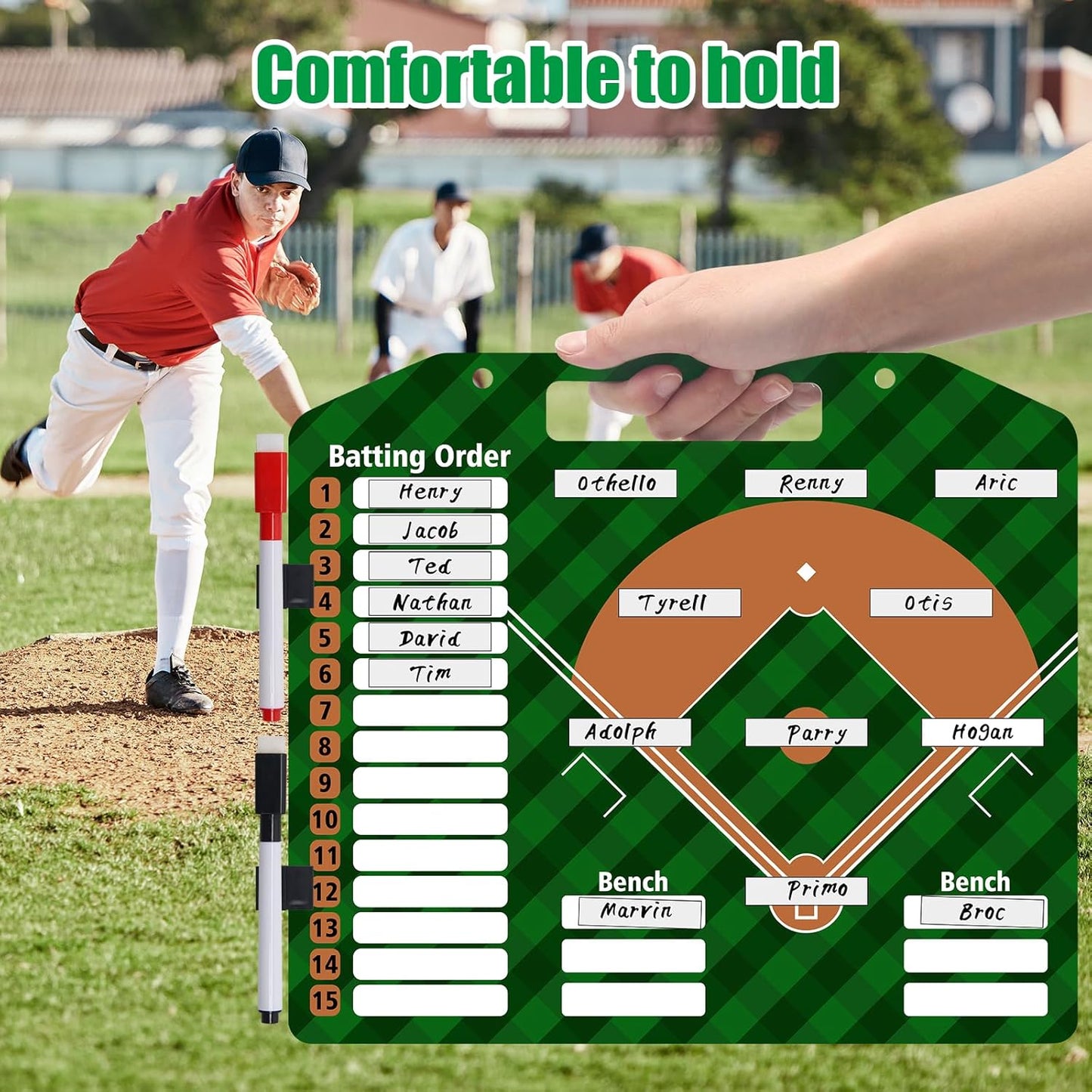 Baseball Coach Clipboard, Anglecai Double-Sided Dry Erase Baseball Lineup Board for Softball Dugout Board Baseball Coaching Board with 30 Lineup Card/ 10 Magnet/2 Marker/2 Hook (Green)