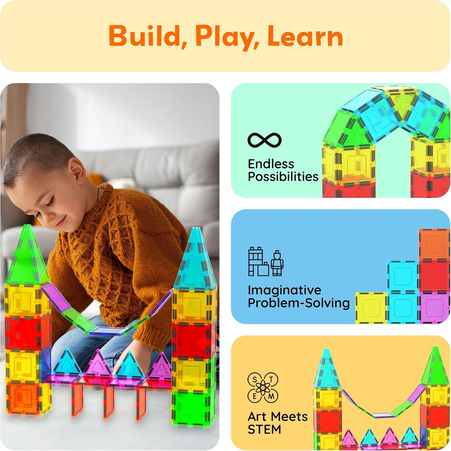 PicassoTiles 4pcs Magnetic Building Block Large Square Shape Magnet Tiles Construction Toy STEM Learning Kit Educational Playset Playboard Pretend Play Stacking Blocks Child Brain Development PTE09