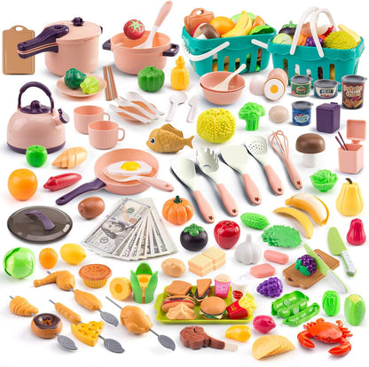 60Pcs Kids Mini Play Kitchen Accessories, Pretend Cooking Play Set with Cookware, Tableware & Fruit & BBQ Sets, Learning Gift for Boys, Girls, Toddlers,Yellow
