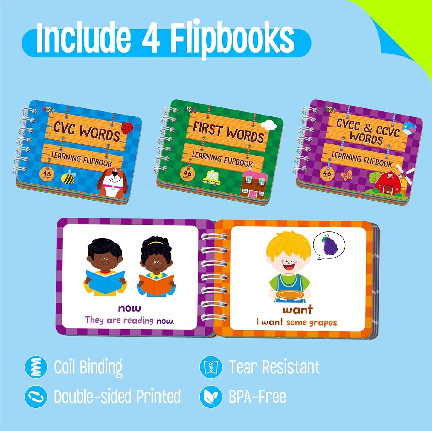 4 Preschool Learning Flipbooks, 96PCS Double Sided Printed Cards Set, Alphabet Letter A-Z, Number 1-20, Feelings and Emotions, Shapes and Colors Mini Board Books Set Early Educational Tool for Kids