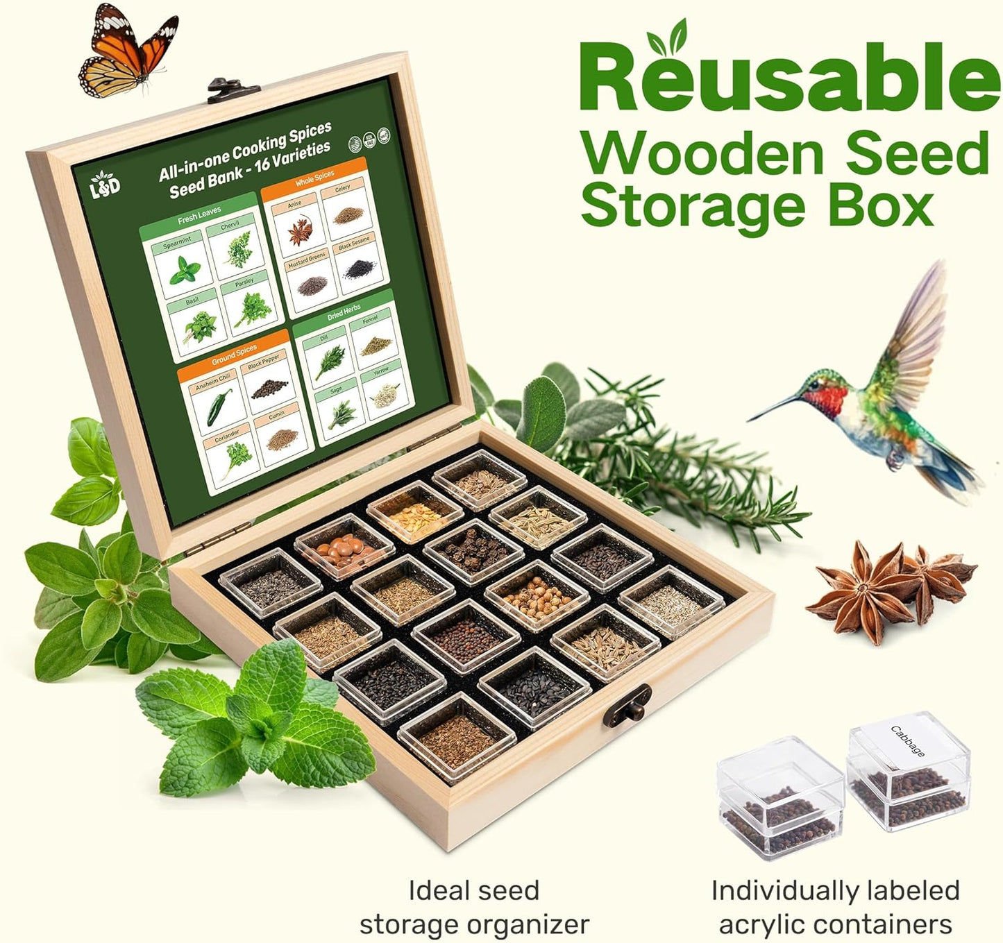 Lush&Dew Ancestral Apothecary Medicinal Tea Herb Seed Chest, 36,000+ Non-GMO Survival Seed Kit, Gardening Gifts for Women Men, 40 Types Heirloom Garden Seeds for Planting Herbs, Raised Bed Windowsill