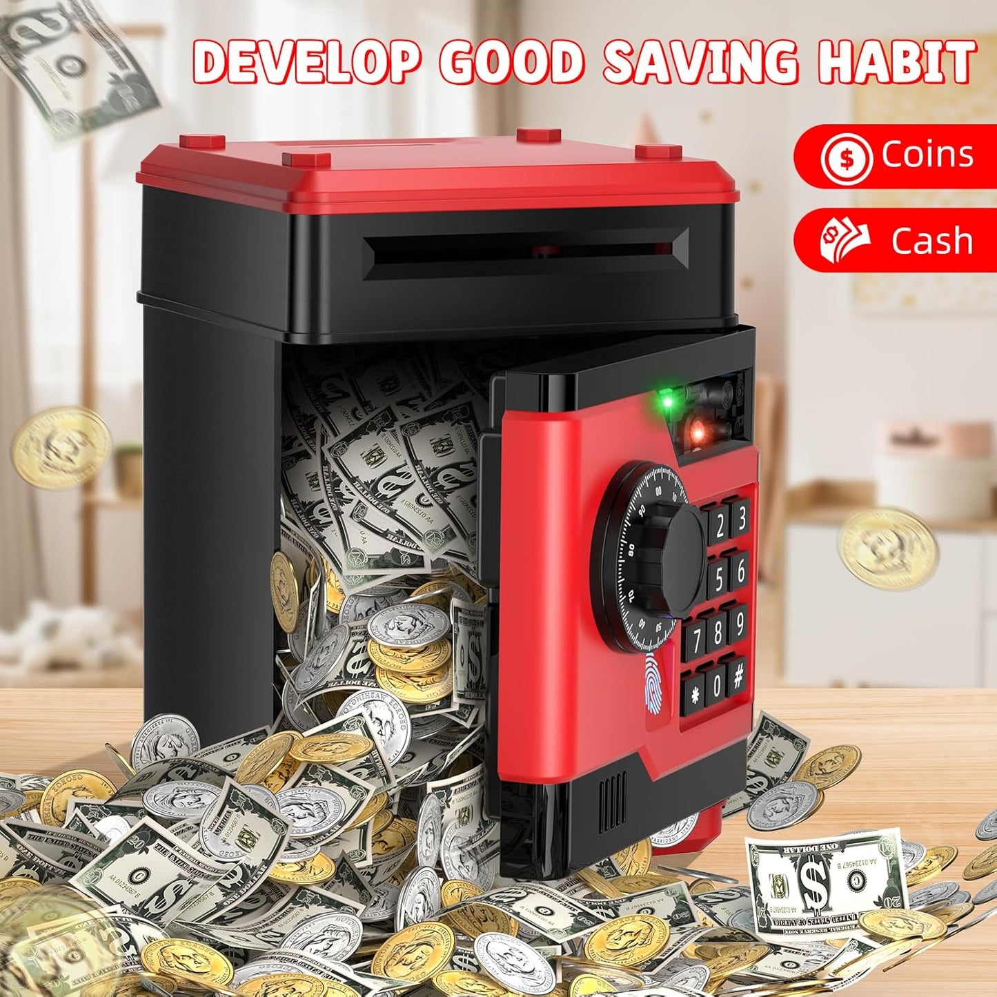 Piggy Bank, Automatic Electronic Piggy Bank for Kids Boys Girls with Password and Fingerprint Unlocking Simulation, Money Bank Kids Safe Toys for 3 4 5 6 7 8 9 10 Year Old Boy Girl (Black)
