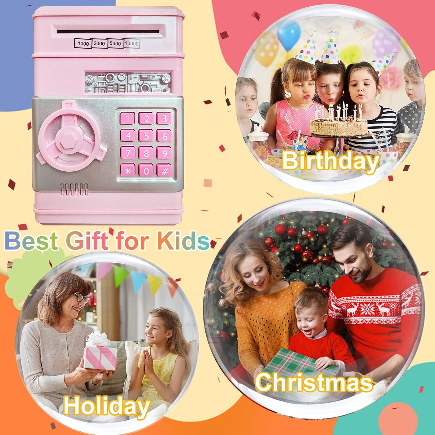 Mini ATM Piggy Bank ATM Machine Best Gift for Kids,Electronic Code Piggy Bank Money Counter Safe Box Coin Bank for Boys Girls Password Lock Case (Rose Gold)