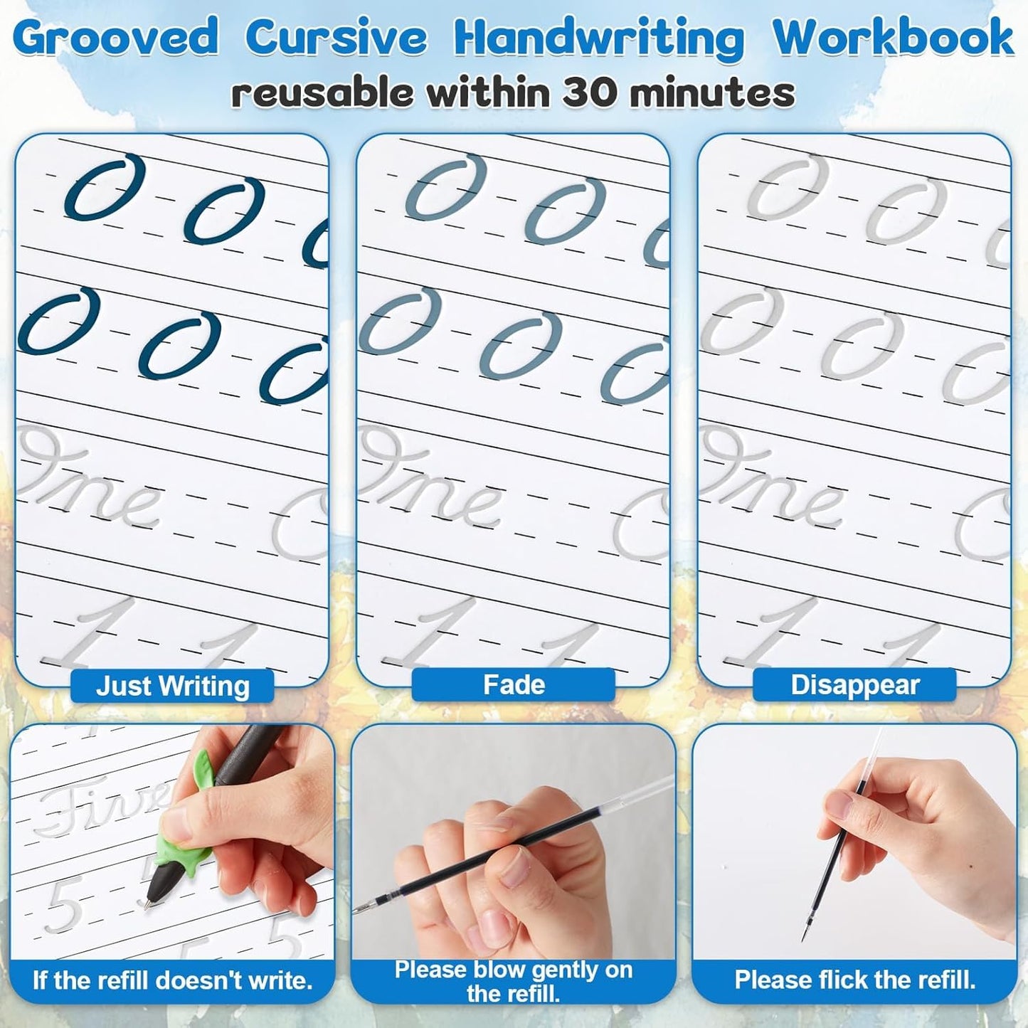 gisgfim Grooved Cursive Handwriting Workbook Magic Reusable Grooved Cursive Handwriting Practice Guided Tracing with Disappearing Ink Pens for Beginners Kids Learning Activities Supplies (Sentence)