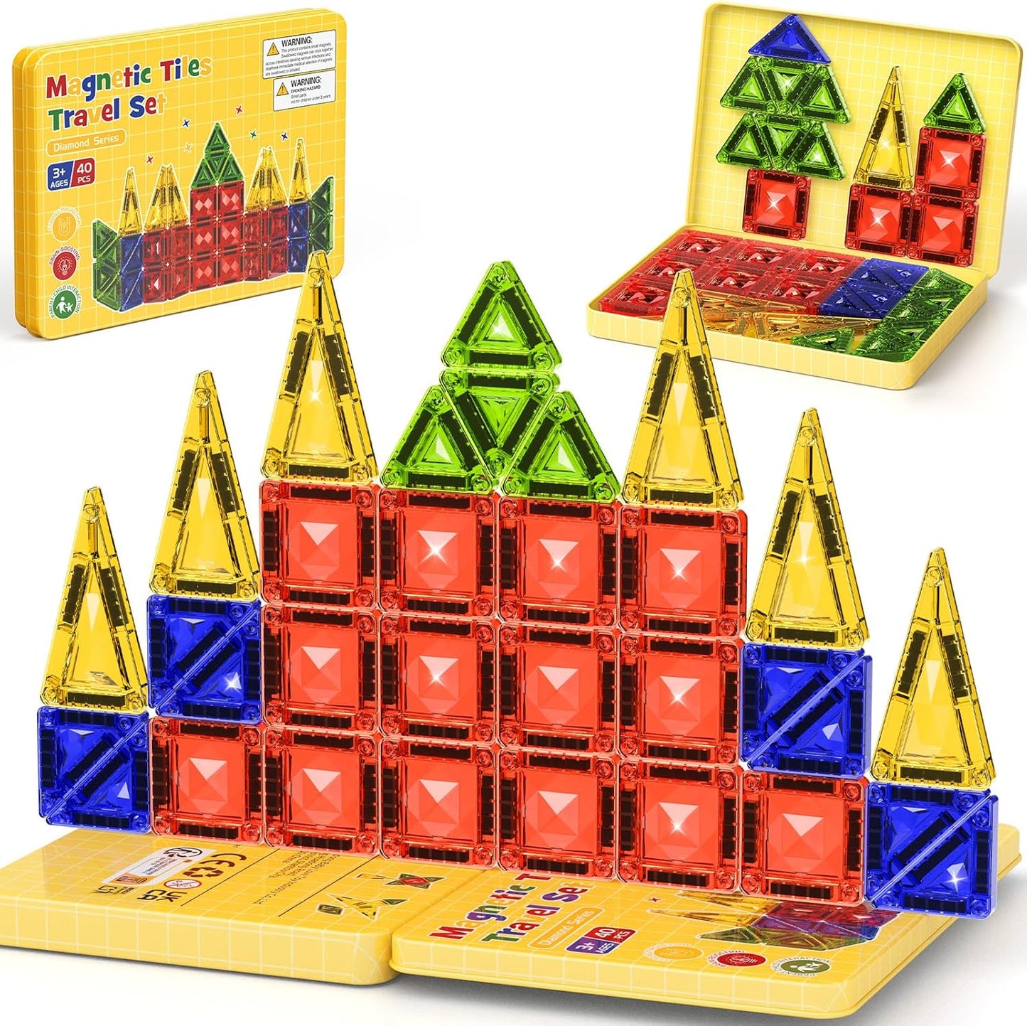 42-Piece Mini Magnetic Tiles Travel Set with Metal Storage Box - Portable STEM Building Blocks for Kids Ages 3-8, Montessori Educational Toys for Airplane & Car Rides, Gift for Boys & Girls