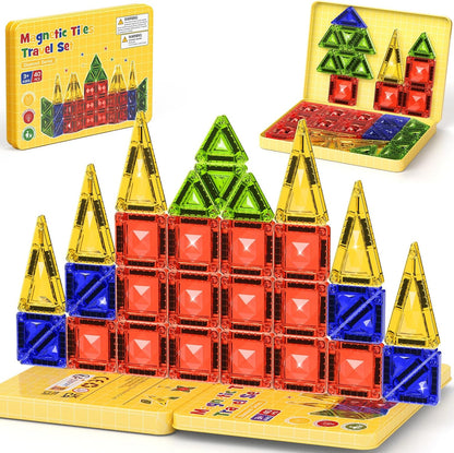 42-Piece Mini Magnetic Tiles Travel Set with Metal Storage Box - Portable STEM Building Blocks for Kids Ages 3-8, Montessori Educational Toys for Airplane & Car Rides, Gift for Boys & Girls