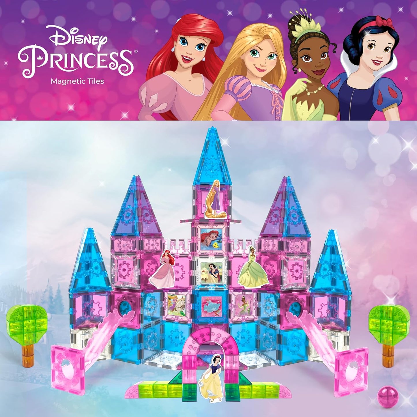 Disney Princess Toys Magnetic Tiles Castle Set - 172-Piece STEM Building Toy with Ariel, Moana, Snow White, Tiana & Rapunzel Characters, Marble Run Slides, Disney Toys for Girls Ages 3+