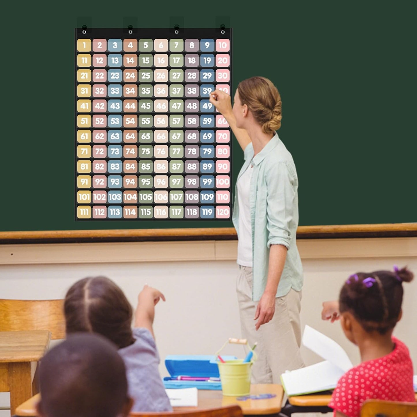 Yoink 100 Pockets Number Chart with 120 Double-Sided Number Cards, Boho Hundred Pocket Chart for Classroom Homeschool Teachers Kids Learning, Pink