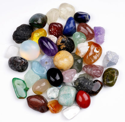 Natural Crystal Mineral Collection Kit - 43 Pcs Natural Rocks & Gemstones with Magnifying Glass, Pen & Crystal Guidebook, Geoscience Starter Collection Set for Kids & Adults Rock Enthusiasts