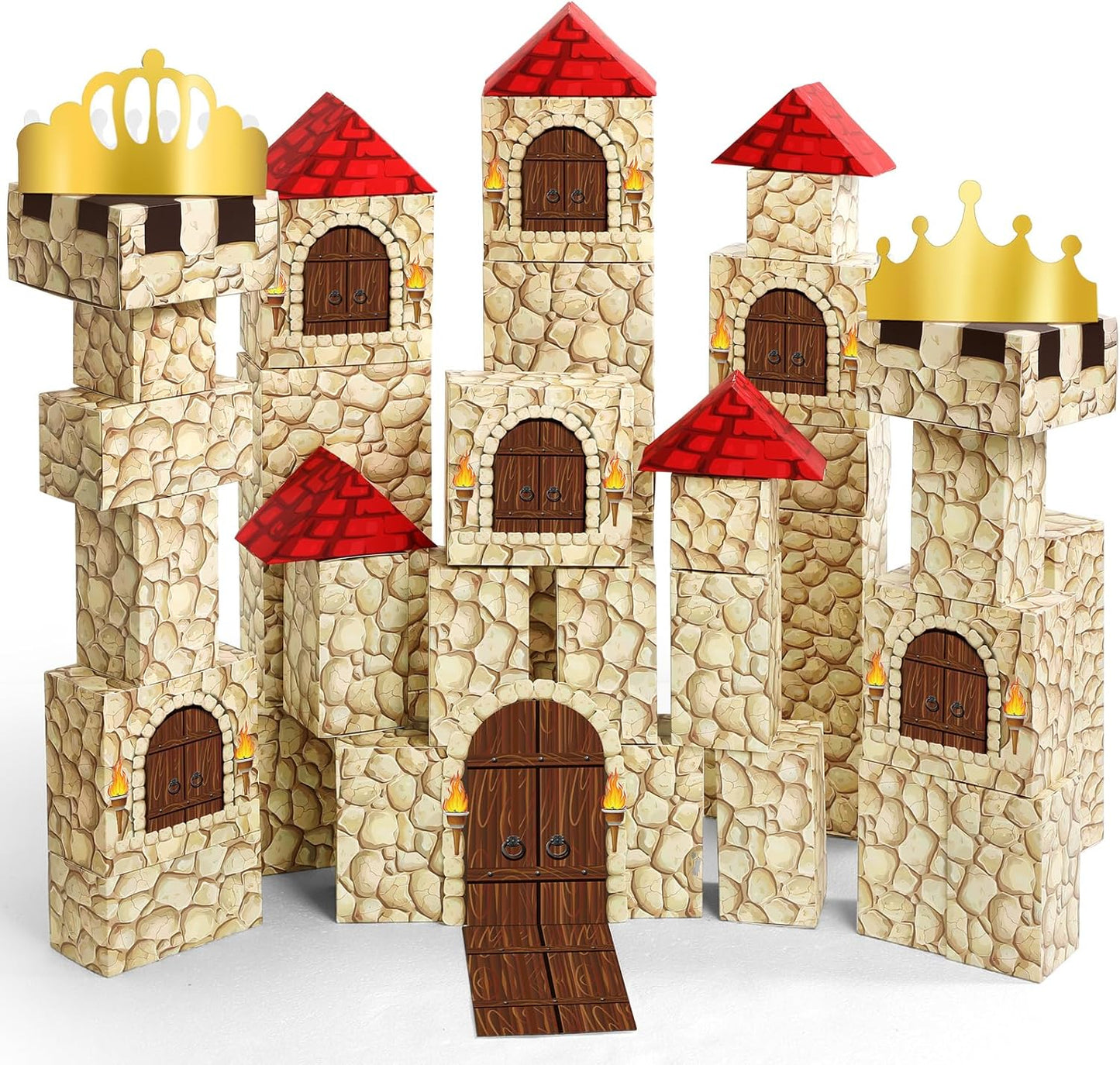 MotiMind 47 Pcs Jumbo Cardboard Castle Building Blocks New Year Gift DIY Building Blocks Large Stone Box Collapsible Reusable Jumbo Crown for Castle House Birthday Indoor Outdoor Party (Black)
