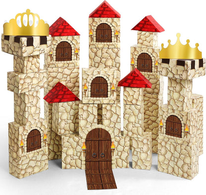MotiMind 47 Pcs Jumbo Cardboard Castle Building Blocks New Year Gift DIY Building Blocks Large Stone Box Collapsible Reusable Jumbo Crown for Castle House Birthday Indoor Outdoor Party (Black)
