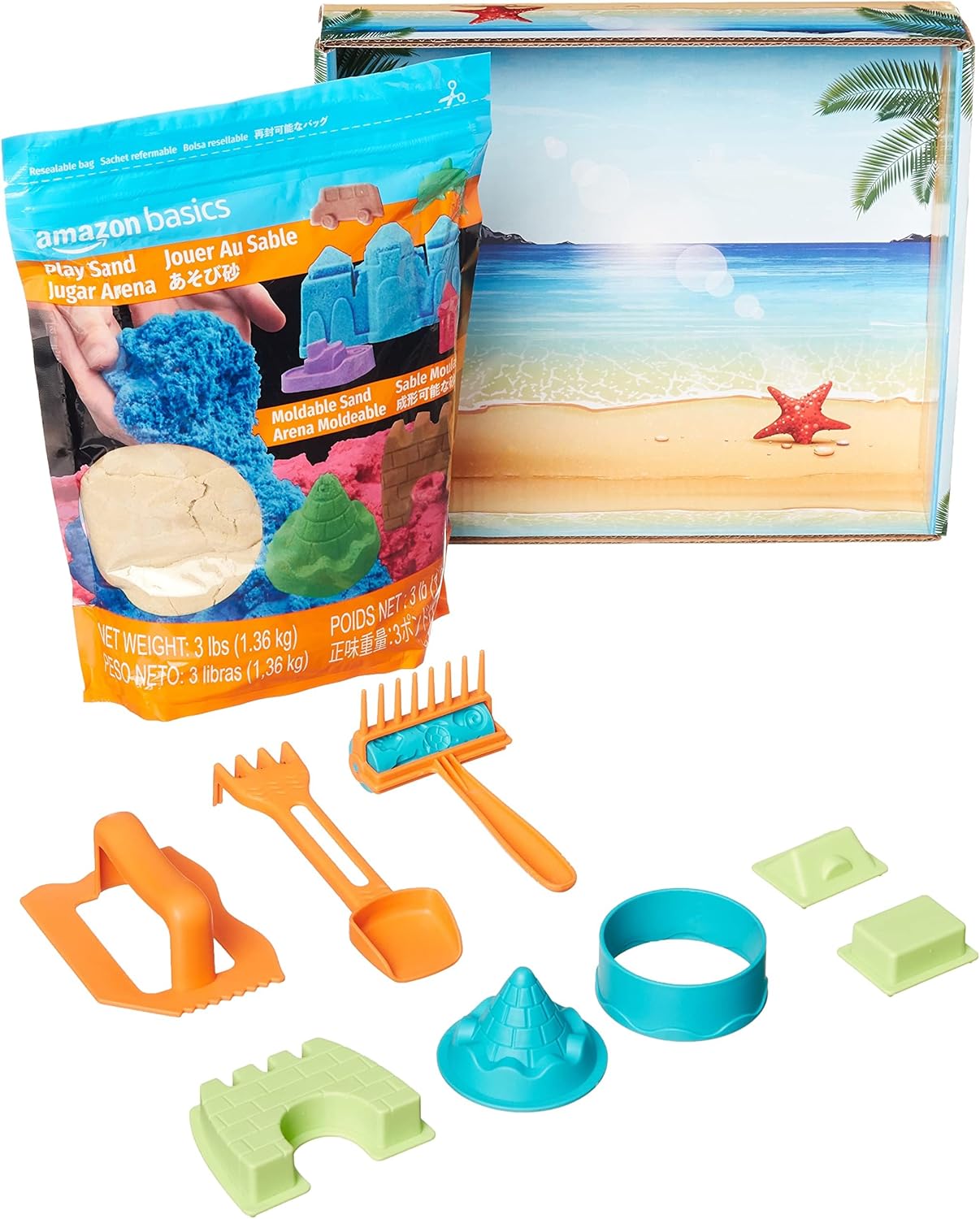 Amazon Basics 11 Piece Moldable Sensory Sand Toy Kit with Castle Molds and Tools, 3lbs Blue Color, for Kids Ages 3 and Up