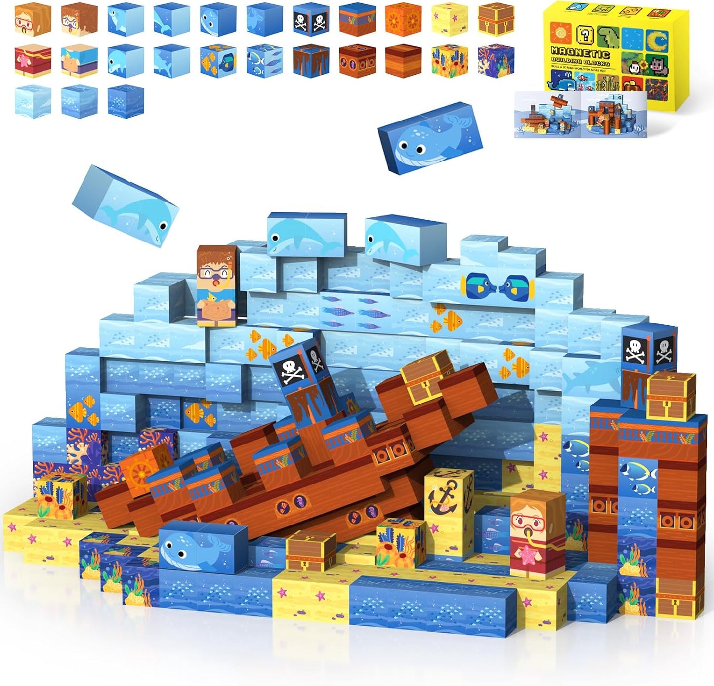 Magnetic Tiles Race Track Set, 52PCS STEM Educational Magnetic Building Blocks with 2 Race Cars, Montessori Sensory Travel Toys for Kids 3 4 5 6 7 8, Birthday for Boys & Girls