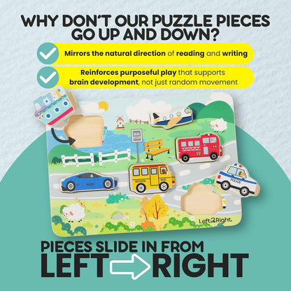 LEFT2RIGHT Wooden Puzzle for Toddlers 1-3 | Montessori Puzzle for 2 Year Old | Best Educational Puzzle for Motor Skills & Sensory Learning | Wooden Peg Puzzles for Toddlers 1-3 Transportation Edition