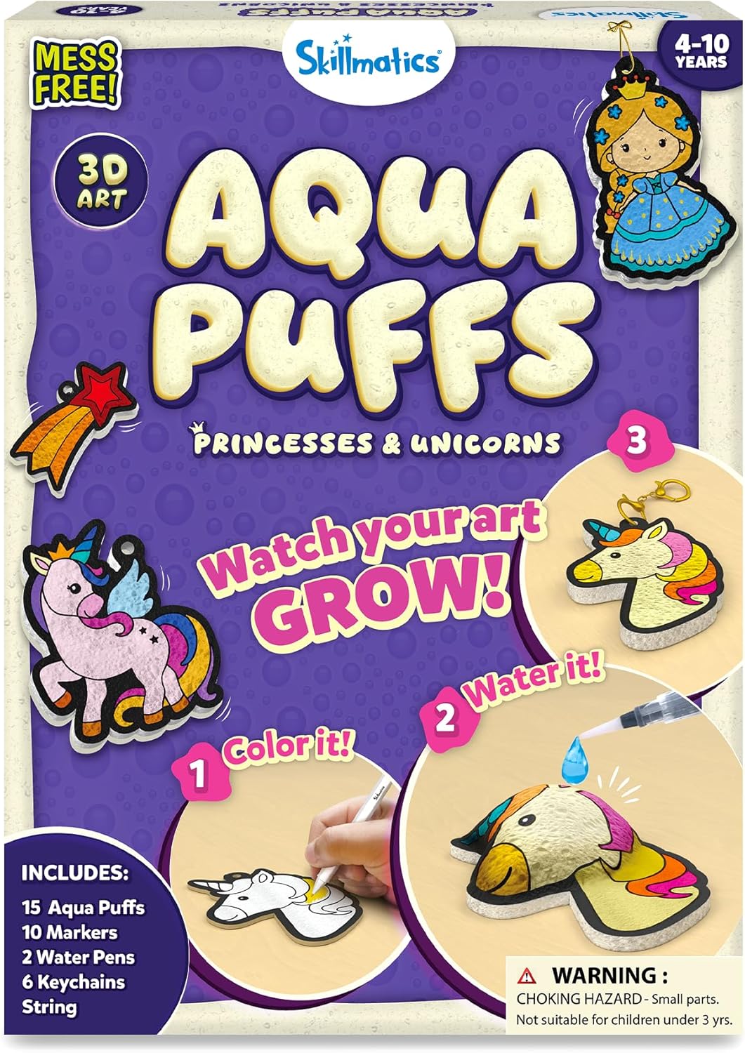 Skillmatics Aqua Puffs - 3D Art Kit, Animals, Mess-Free Paint by Number Craft for Kids, DIY Color Activity, Screen-Free Entertainment, Travel & Creative Gift for Girls & Boys Ages 4, 5, 6, 7, 8, 9, 10