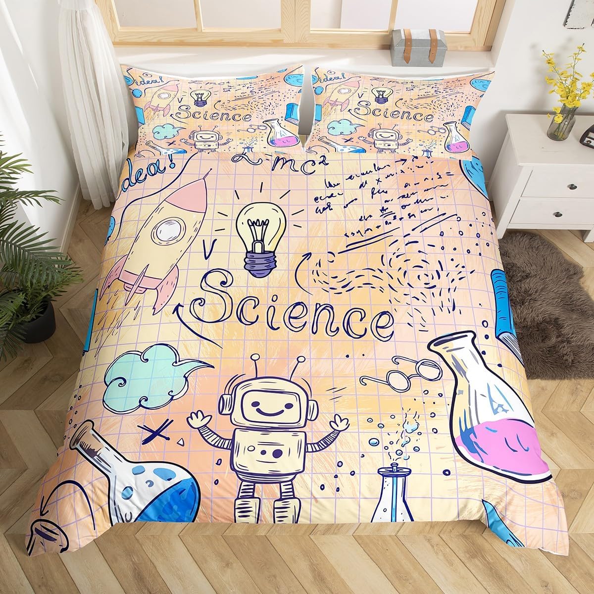 Erosebridal Science Theme Bedding Set Queen Size for Boys Girls Chemistry Periodic Table Print Duvet Cover Chemical Subject Theme Comforter Cover Teens Kids Math Science Atyle Bedspread Cover 3 Pcs