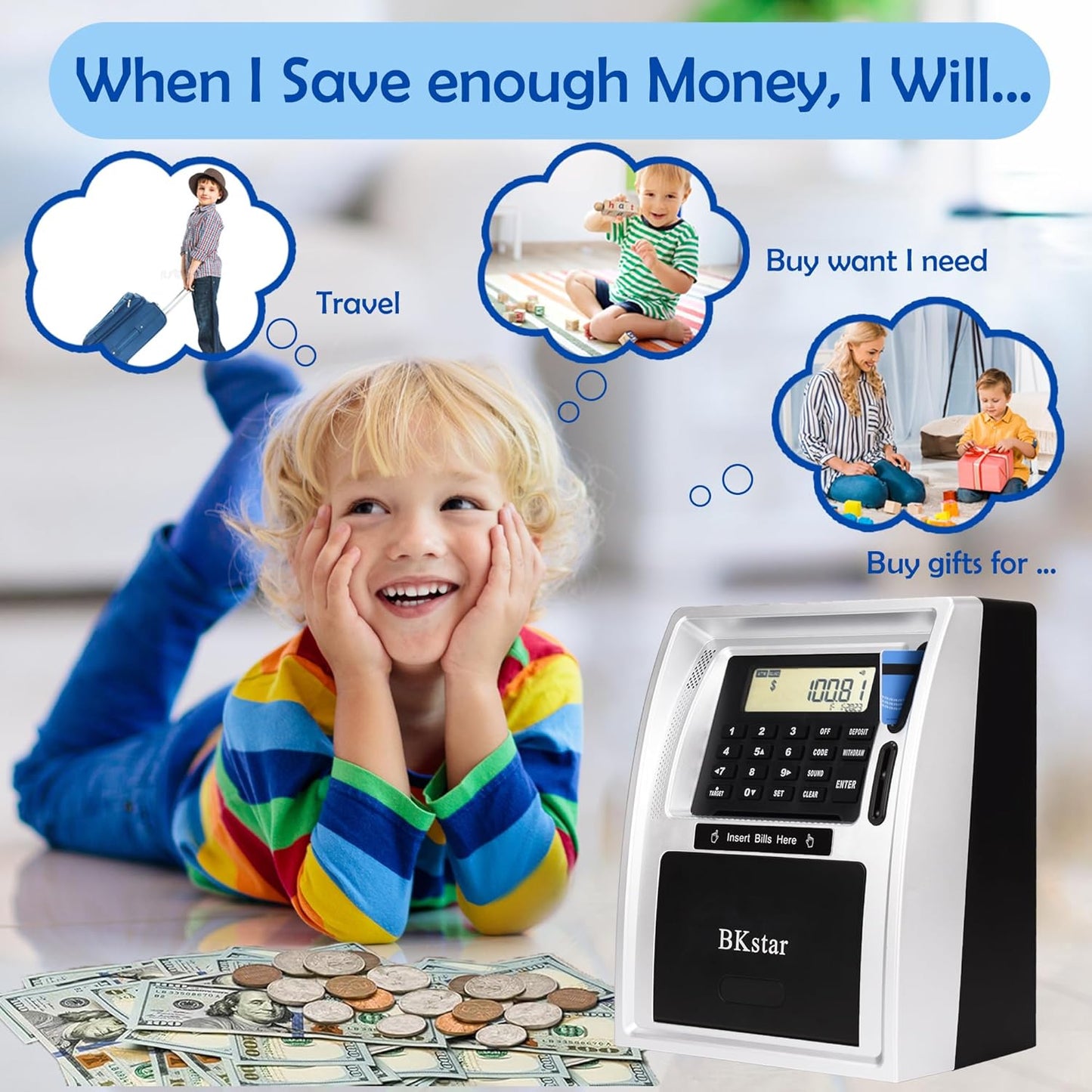 BKstar Kids Talking ATM Piggy Bank for Real Money with Dual Debit Cards, Power-Off Memory, Auto-Opening Drawer, Onekey Shutdown, Bill Feeder, Coin Recognition, Balance Calculator Machine
