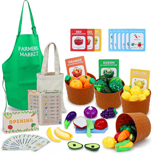 Pretend Farmer Market Toy, Color Sorting Set, Peel & Cut Fruit Vegtables, Learn Counting, Fine Motor Skills, Fruit Cutting Toy, Farmer Market Play Set, Montessori, Play Food Gift for Toddler Ages 3+