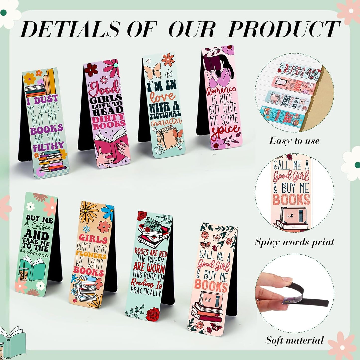 Fumete 60 Pieces Pink Spicy Words Double Sided Magnetic Bookmarks Cute Cartoon Pattern Bookmarks Magnet Page Spicy Words Page Clip for Women Book Lover Gifts Summer Party Supplies