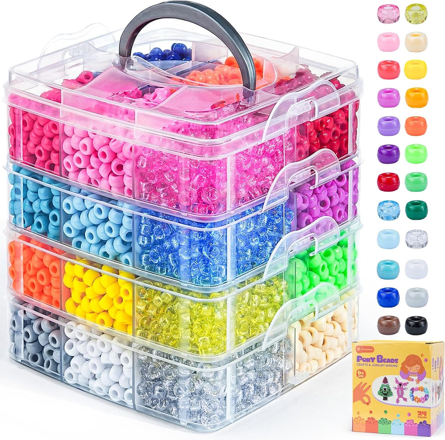 Dowsabel 4800PCS Pony Beads Bulk, 24 Colors Kandi Beads 6x9mm Large Hole for Friendship Bracelets, Jewelry Making, Hair Braiding, DIY Art Craft Gifts - Shockproof Protective Gift Packaging