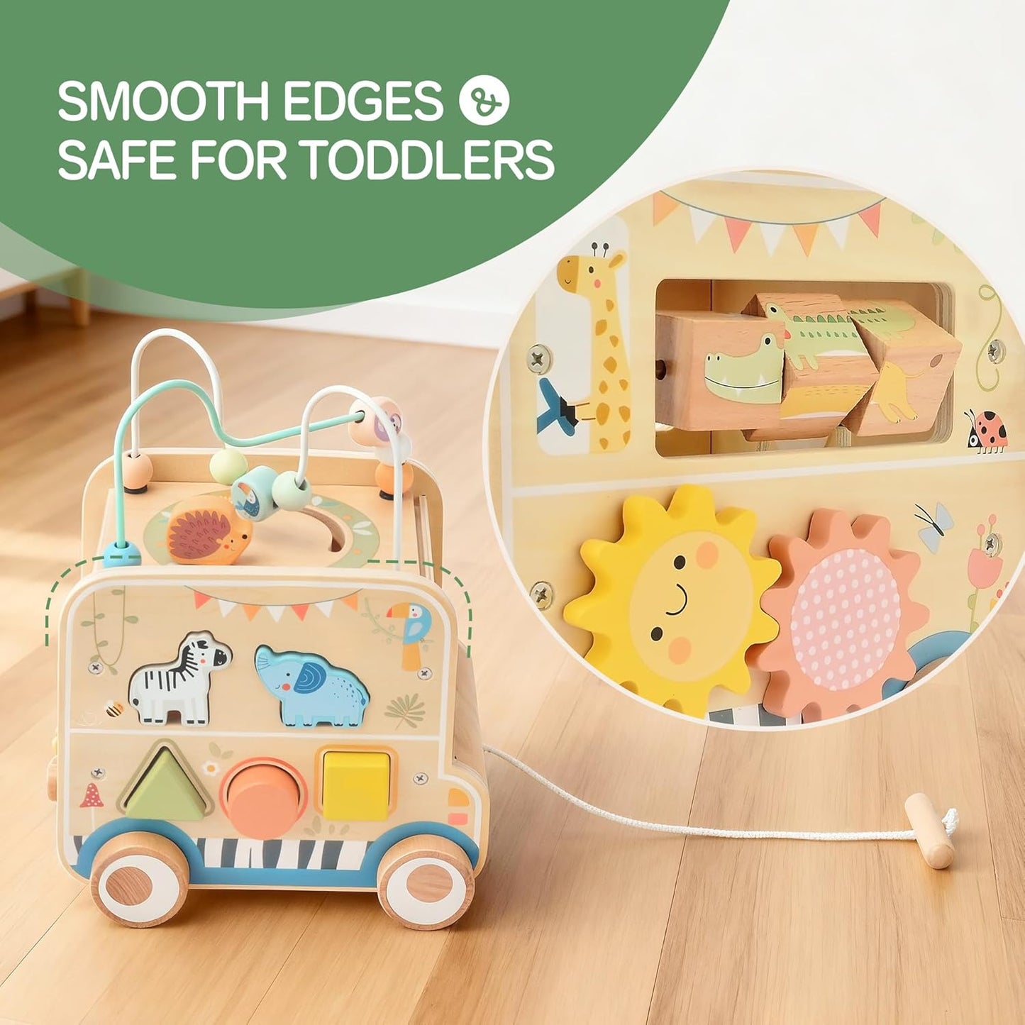 Pithfor Wooden Pull Along Activity Cube Toys, Montessori Toys for 1 2 3 Year Old Baby Toddlers, Baby Activity Cube for 1 Year Old, 1st First Birthday Gift