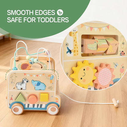 Pithfor Wooden Pull Along Activity Cube Toys, Montessori Toys for 1 2 3 Year Old Baby Toddlers, Baby Activity Cube for 1 Year Old, 1st First Birthday Gift