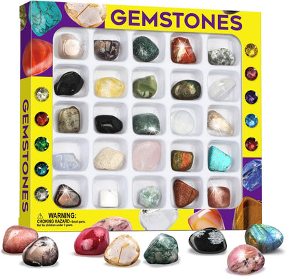 Rocks Collection 25PCS Rock and Mineral, Gemstones for Kids Gem Kit with Healing Chakra Gemstones, Tumbled Stones and Identification Guide, Educational STEM Geology Toy for Boys Girls Ages 6-12