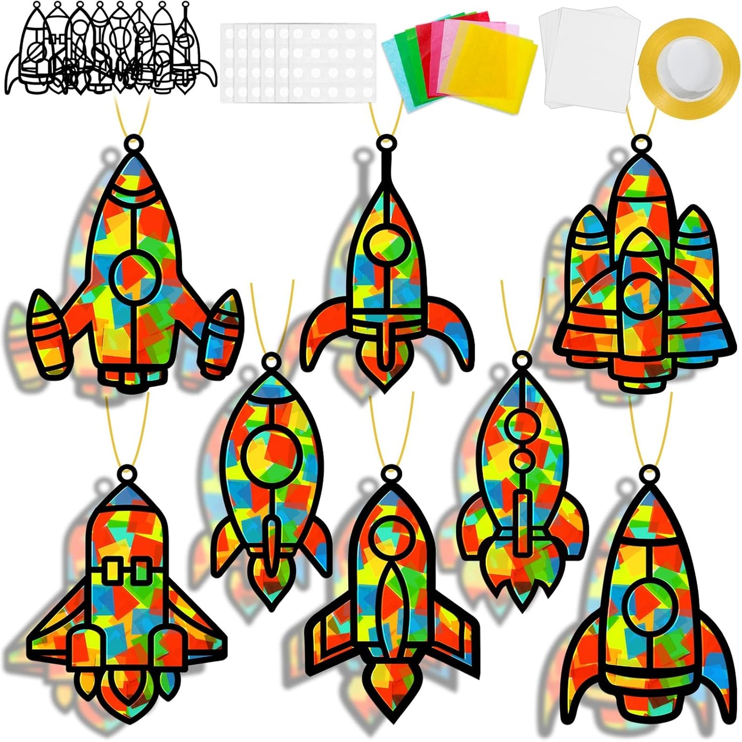 32 Sets Outer Space Suncatchers Craft Kit DIY Window Stained Glass Effect Planet Astronaut Alien Paper Crafts Home School Classroom Decoration Kid Birthday Gift Creative Art Project Activity Game - Colors A