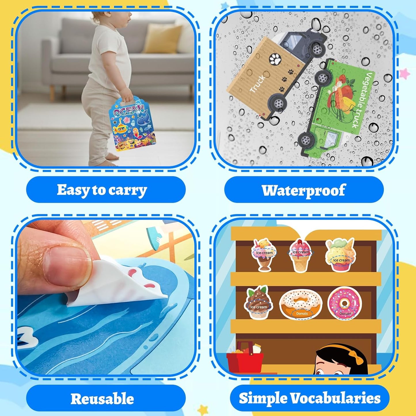 6 Sets Reusable Sticker Book for Toddlers 1-3, Jelly Sticker Books for Childs 1 2 3 Years, Toddler Travel Toys for Ages 1-3 Boys & Girls