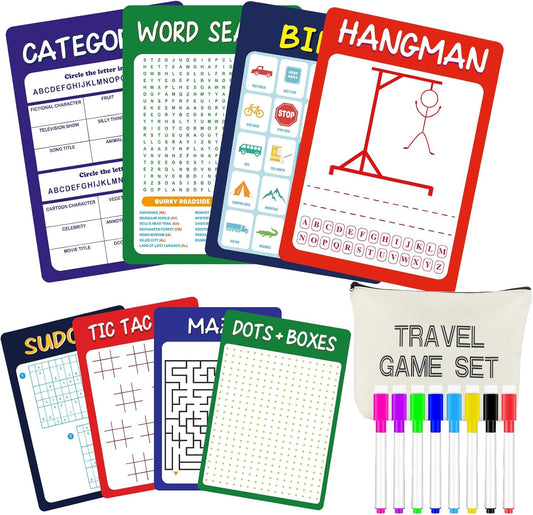 Chiisong 17 Pcs Portable Travel Game Set for Kids 8 Reusable Dry Erase Game Card with 8 Colorful Erasable Pen and Bag Educational Toy for Car Road Trip Airplane for Age 6-12, 9"x6"(Classic Style)