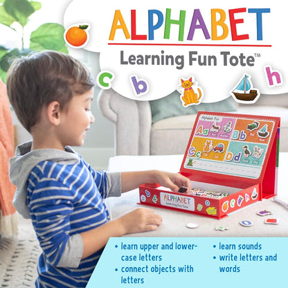 Peaceable Kingdom Alphabet Learning Fun Tote, Hands-on Literacy Activity Set with Magnetic Letters Sheets, Early Reading Skills Development, Kids Age 4+, Portable Classroom Home Organization