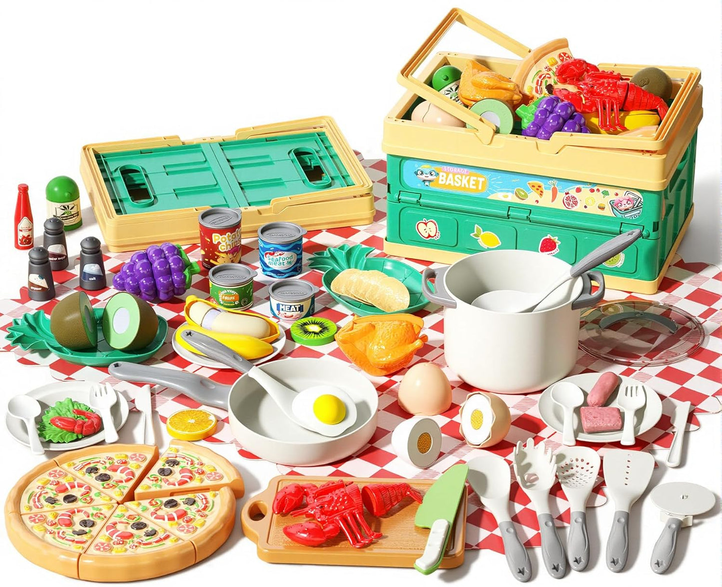 130Pcs Kitchen Playset, Toddler Pretend Cooking Play Pots, Pans, Utensils Cookware, Daily Food Fruit Veges, Shopping Storage Basket, Dessert, Prop Money, Learning Gift for Child (Pink)