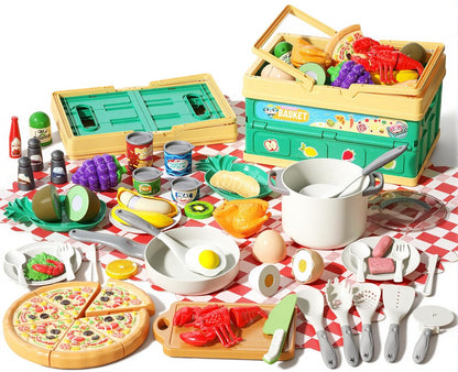 130Pcs Kitchen Playset, Toddler Pretend Cooking Play Pots, Pans, Utensils Cookware, Daily Food Fruit Veges, Shopping Storage Basket, Dessert, Prop Money, Learning Gift for Child (Pink)