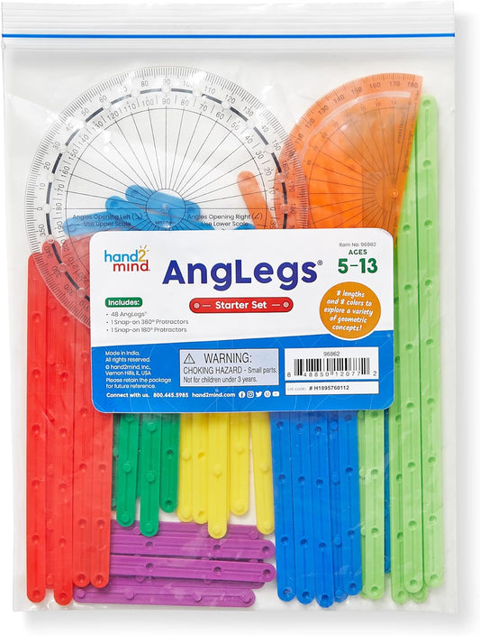 hand2mind AngLegs Starter Set with 2 Protractors, Geometry Manipulatives, Geometric Shapes for Classroom, Montessori Math Materials, Math Teaching Tools, 4th Grade Math Manipulatives for Kids