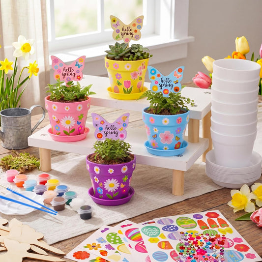 Funnymoom 48 Set Paintable Flower Gardening Kit Bulk DIY Paint and Plant Garden Plastic Flower Pot with Tray Stickers for Home Easter Party Art Mother's Day Spring Gifts Gardening Summer Activities