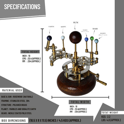 Solar System Model | Educational & Decorative Astronomy Orrery | Premium Brass Mechanical Planetarium (8" Earth & Moon)