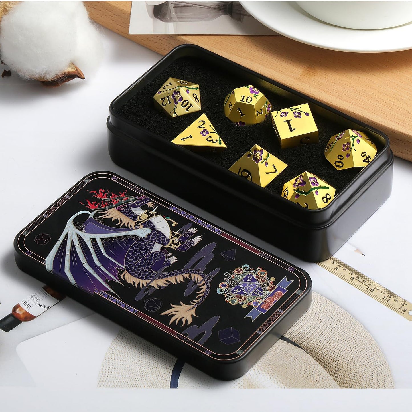 DnDnD Heavy Polyhedral Metal Dice Set with Metal Box, 7-die Shiny Blue Surface with Golden Number for RPG,Dungeons and Dragons,Pathfinder,Shadowrun,D&D,Role Palying Game and Math Teaching - Colors A
