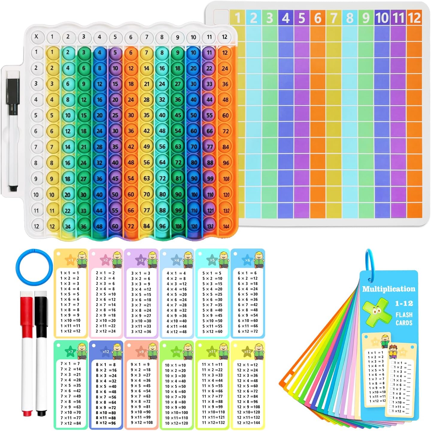 Multiplication Flash Cards + Pop Fidget Multiplication Chart, Times Table Educational Flashcard 3rd Grade, 4th, 5th, 6th Grade